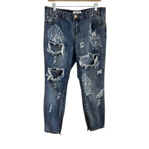 ONE by One Teaspoon Freebirds Distressed Jeans Sz 30 Blue Thrashed Zip Ankle